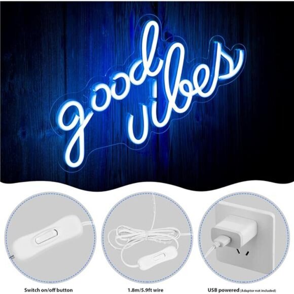 Blue Good Vibes Neon Sign LED Wall Decor Light Bedroom Wall (16.1 x 8.3 inch) - Picture 5 of 7